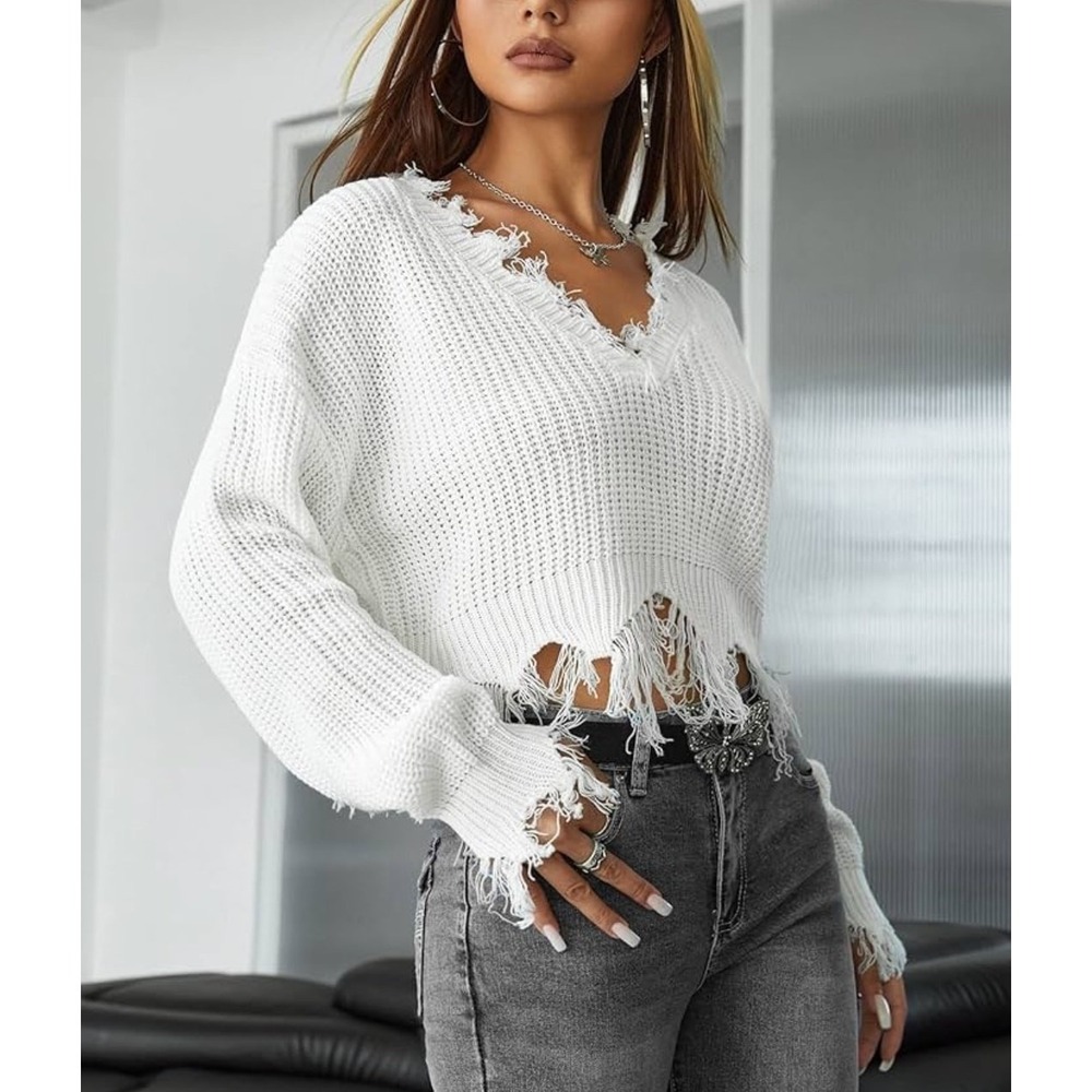 Oversized Women Large White Cropped Sweater Distressed V-Neck Ribbed Knit Raw